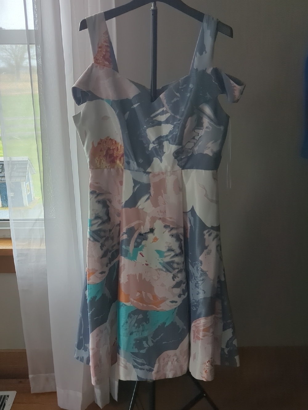 Melrose Floral Abstract Fit-and-Flare Dress in Pastel Blue and Pink Size 8
